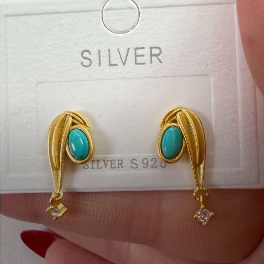 genuine Turquoise Drop Stud Earrings with CZs - GOLD